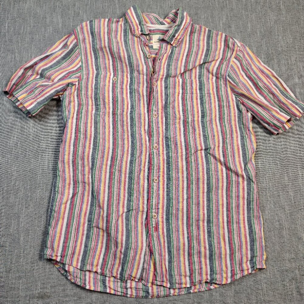 Johnnie O Hangin Out Shirt Size Medium‎ Striped Linen Short Sleeve Button Down
